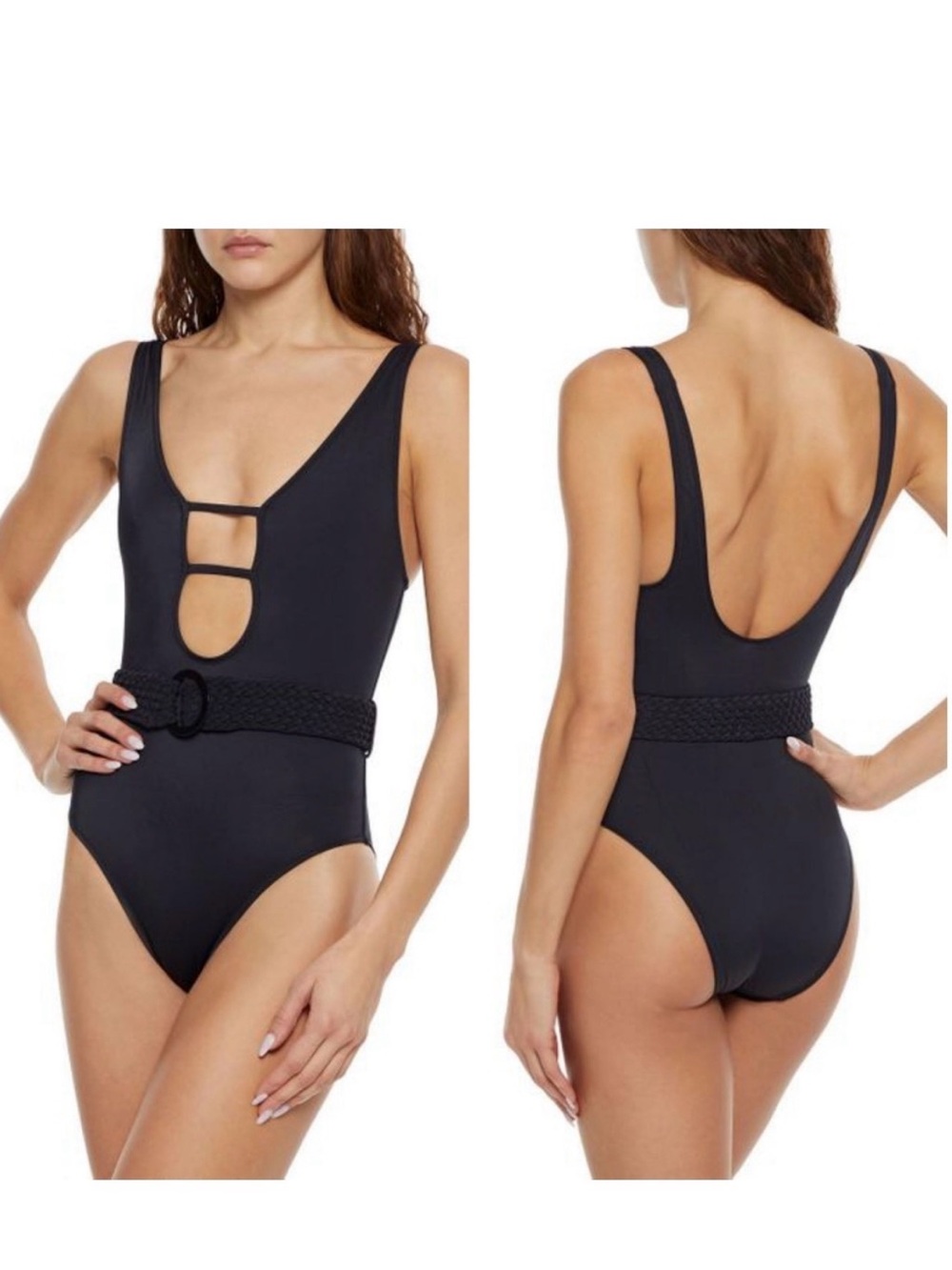 SOLID & STRIPED Black One-Piece w Textured Belt- The Beatrice Cut Out